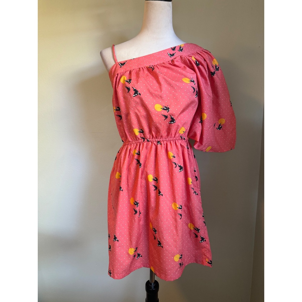 Angie Pink Bird Sun Polka Dot Shoulder Puff Mini Dress S Whimsi Goth dainty y2k